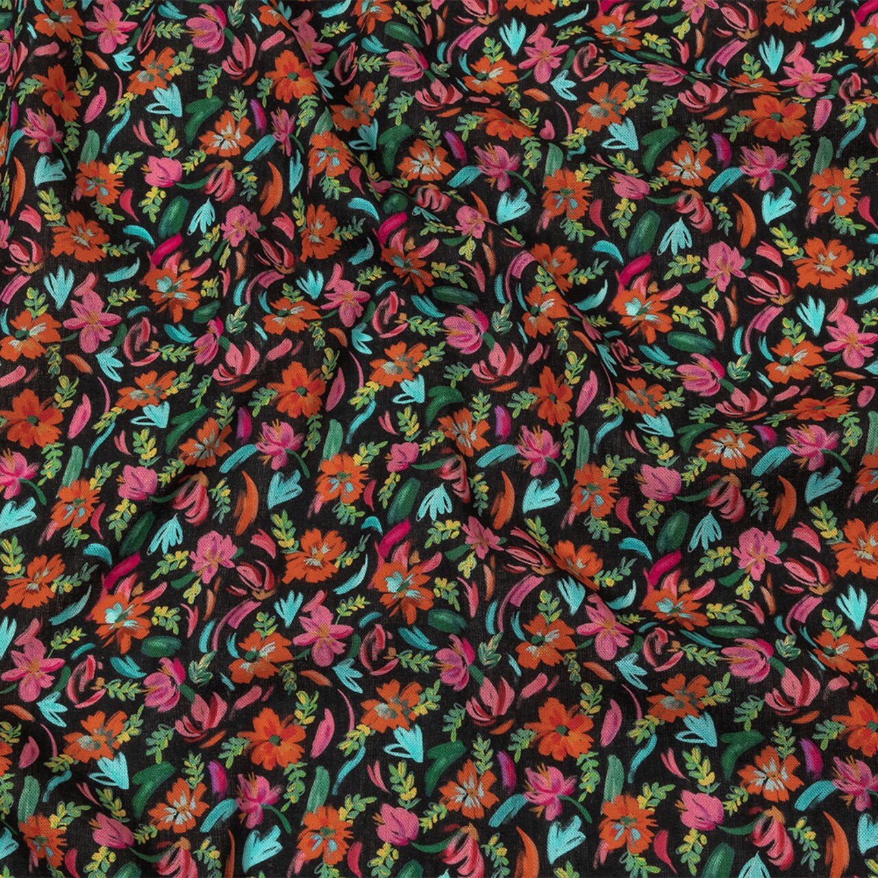 1 Yard Linen and Rayon Woven Pink, Blue, and Black Floral Confetti Fete Print
